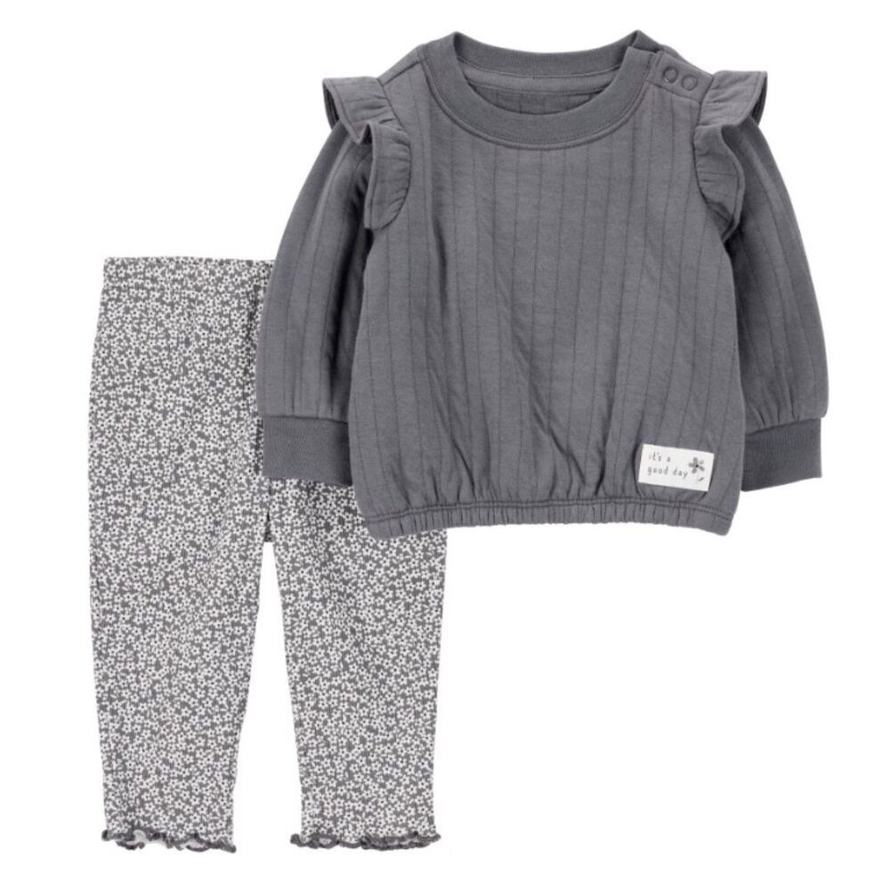 NEW Girls Sz 6-9 Months Dark Gray Pullover Shirt & Pull On Pants 2 Pc Outfit Set
